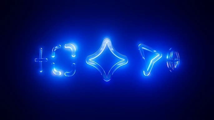 Blue glass symbols glowing on a dark background