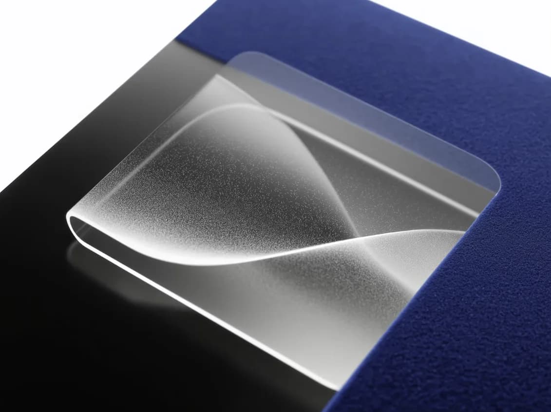 A translucent folded form set into a blue and black frame