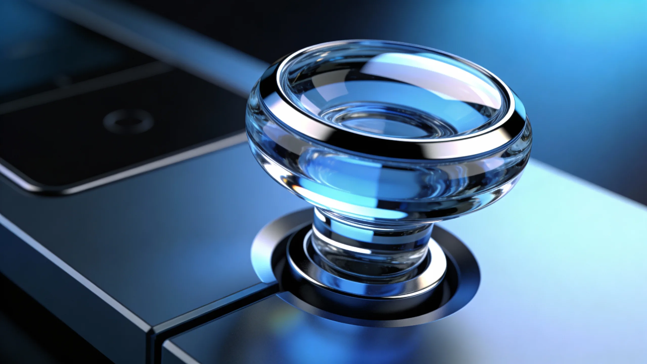 A glass dial on a blue-black interface surface