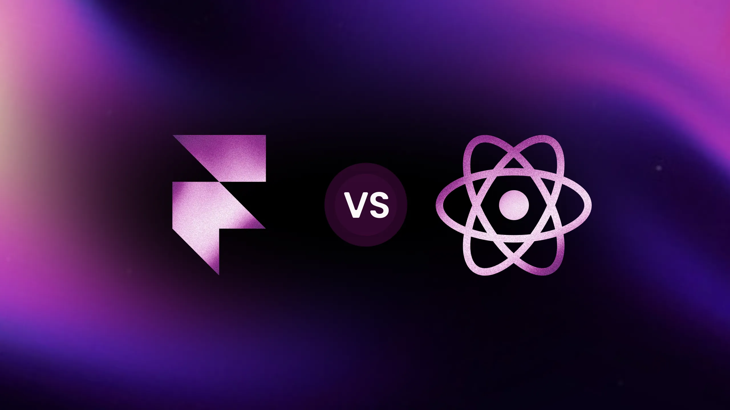 Framer and React symbols facing each other on a purple background